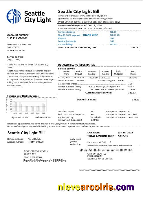 USA Washington Seattle City Light business utility bill